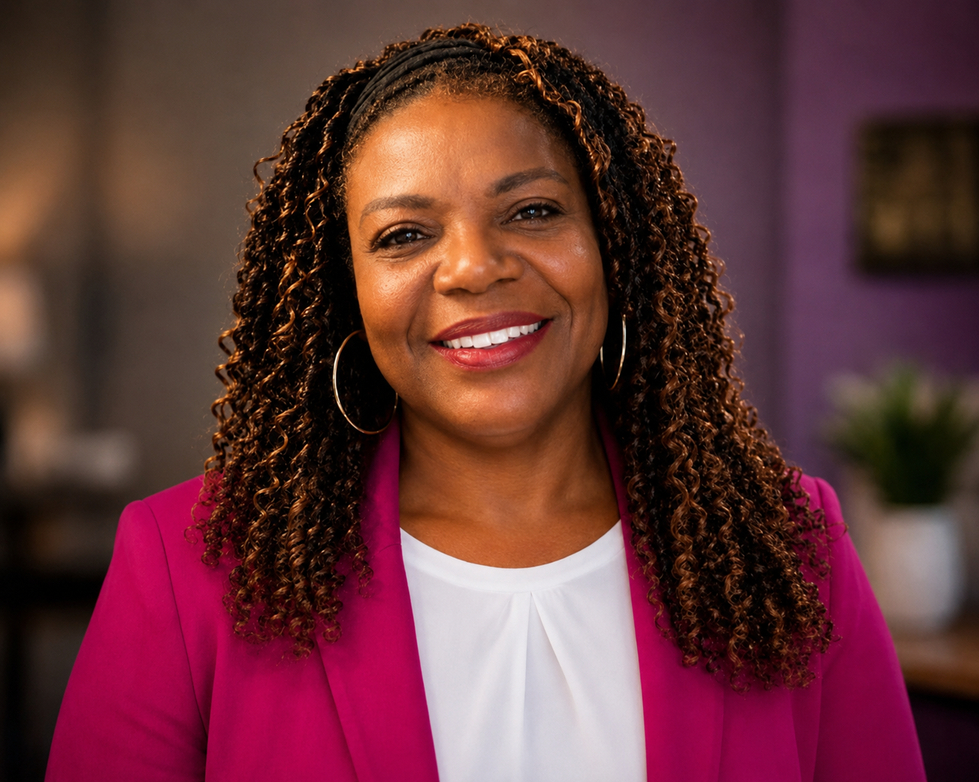 Dr. Andrea Richards Scott, executive coach and organizational development strategist, smiling in a magenta blazer